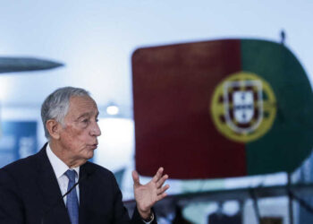 O Presidente da República, Marcelo Rebelo de Sousa, intervém durante a cerimónia de abertura das comemorações do Centenário da Primeira Travessia Aérea do Atlântico Sul, no Museu da Marinha em Lisboa, 11 de janeiro de 2022. TIAGO PETINGA/LUSA